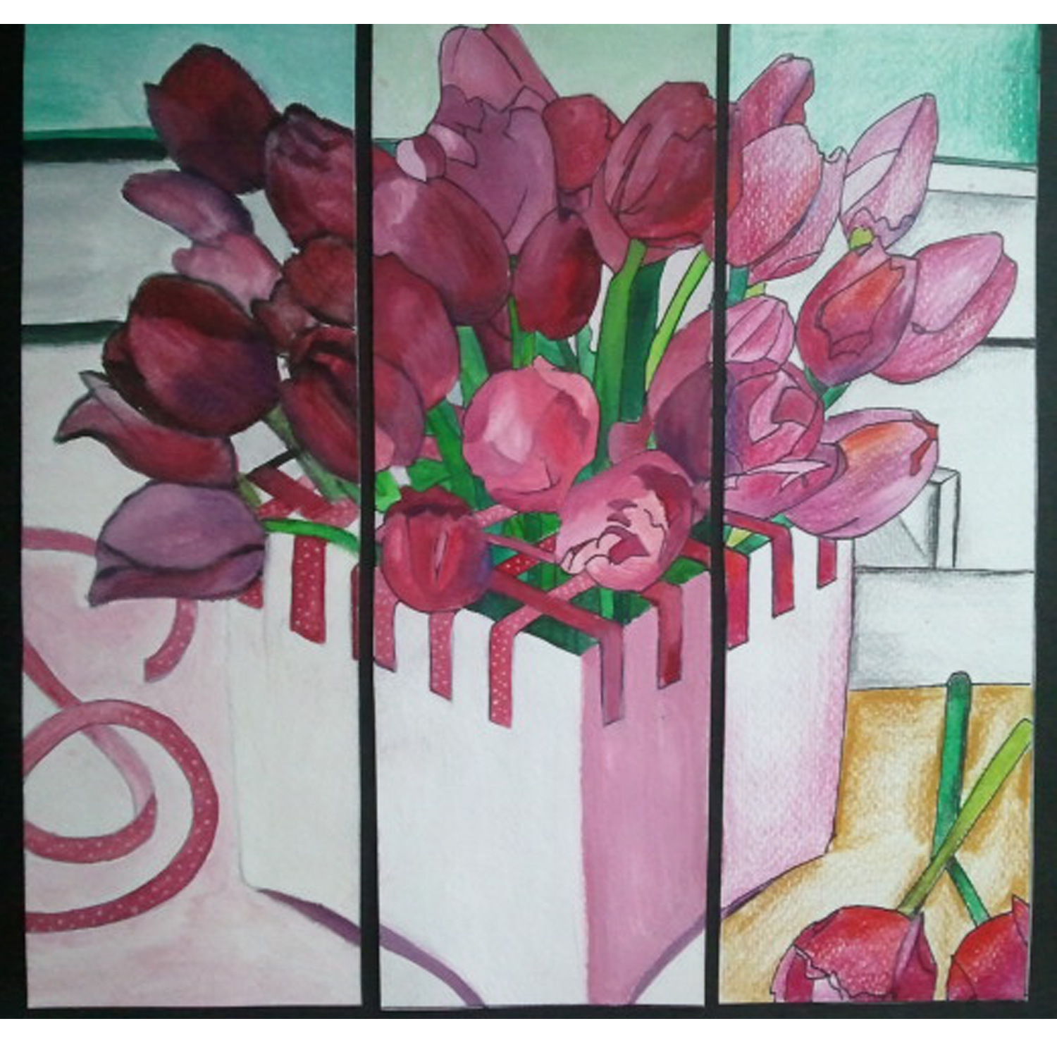 A Box Of Beautiful Tulips For You....(use Of 3 Medias, Water Colour, Gouache And Colour Pencil)